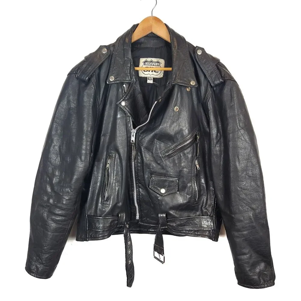 Highway One Harley Davidson Vintage Black Leather Moto Motorcycle Jacket XL